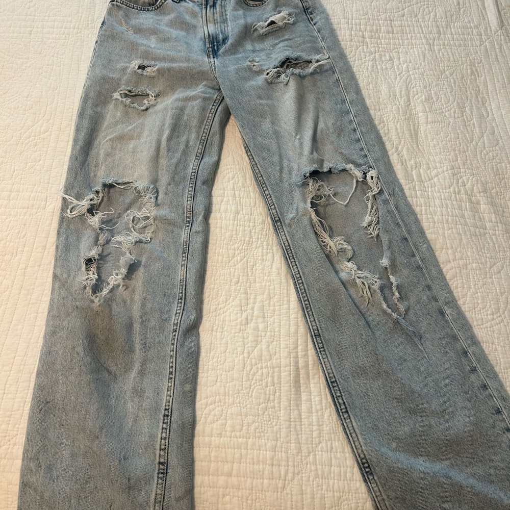 H&M Blue Straight Leg Jeans with Distressed Details